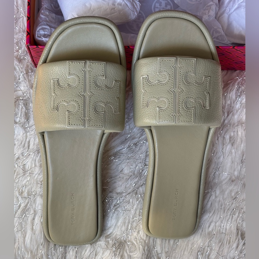 Tory Burch Olive Sprig Women’s Double T Sport Slide Tumbled Leather Size 9.5 - Picture 11 of 11
